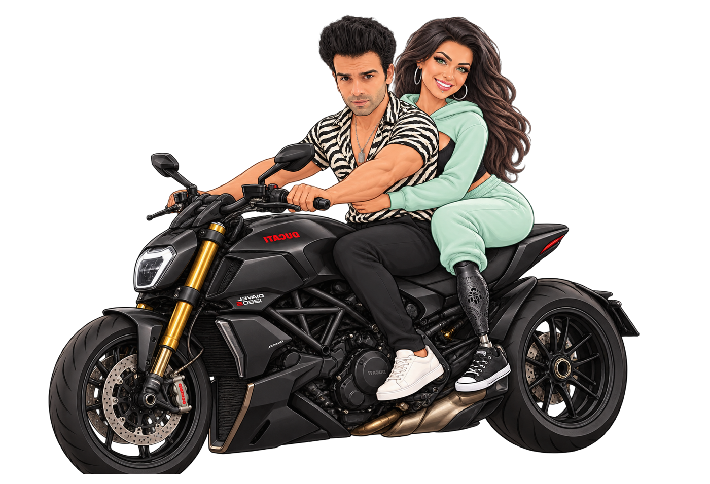 The two of them on the Ducati Diavel, her on the back, both grinning